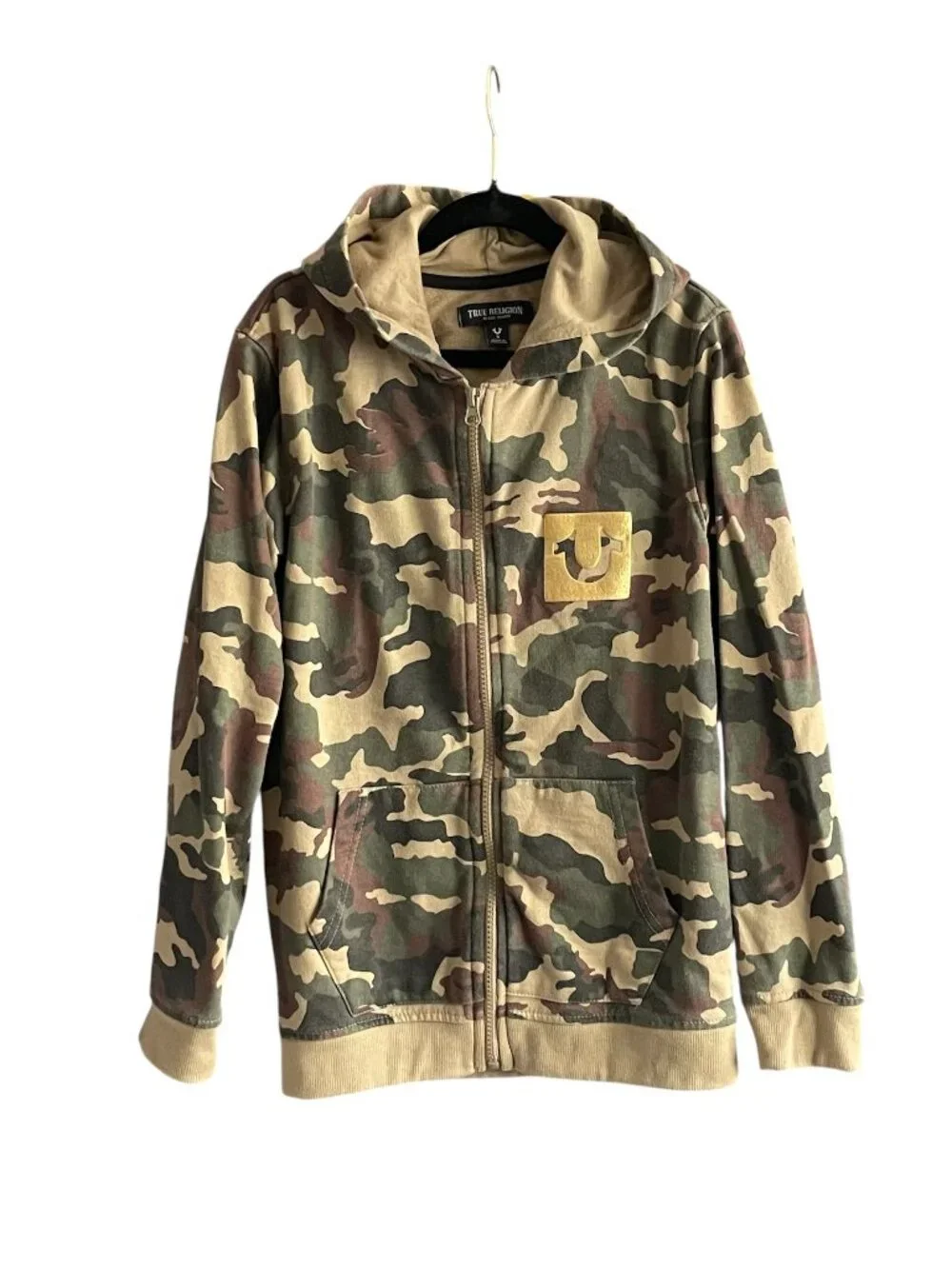 Rare True Religion Gold Print Graphic Buddha Camouflage  Full Zip Hoodie Youth S